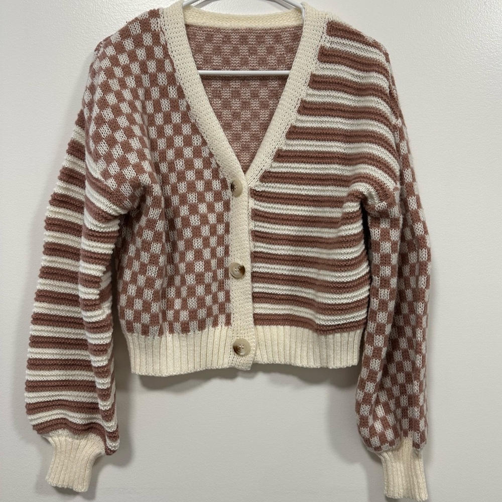 Checkered Striped Balloon Sleeve Button Knitted Cardigan- Small